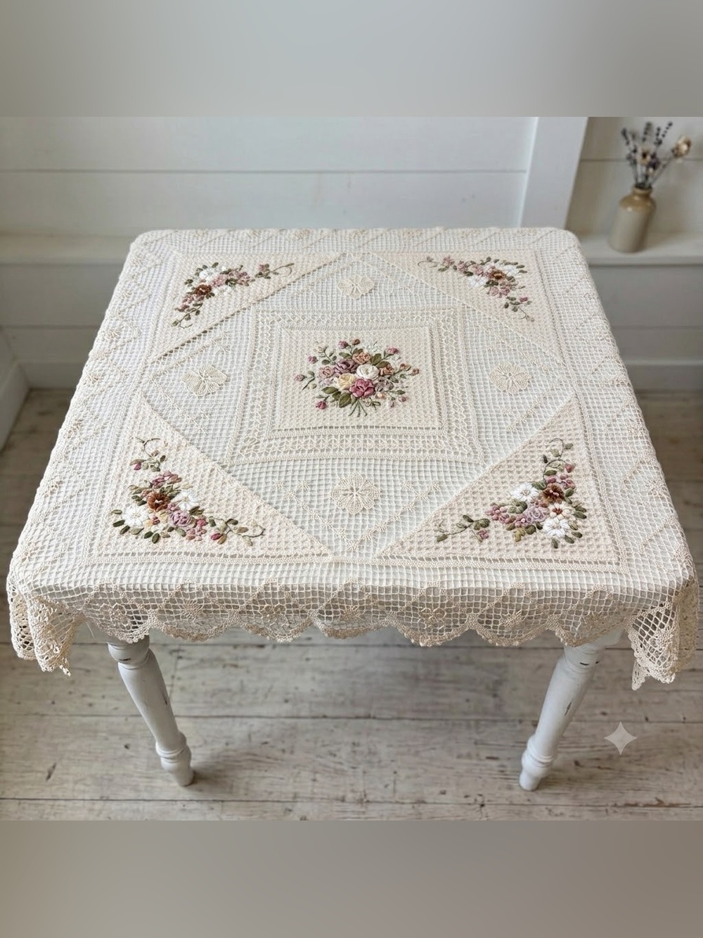 Vintage Lacework Embroidery Openwork Square Tablecloth Floral Shabby Cottagecore